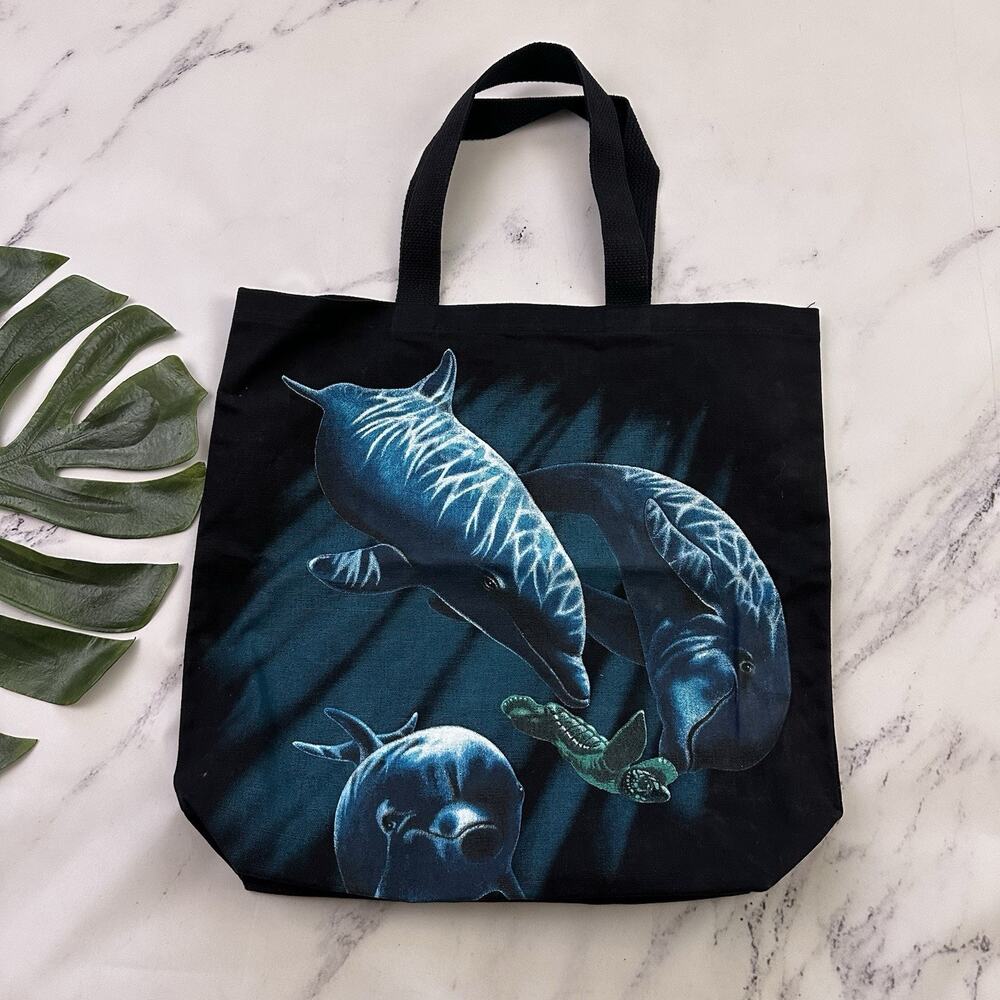 Harlequin Mills Vintage 90s Dolphin Tote Bag Large Blue Black Canvas Sea Turtle